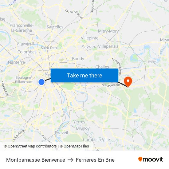 Montparnasse-Bienvenue to Ferrieres-En-Brie map