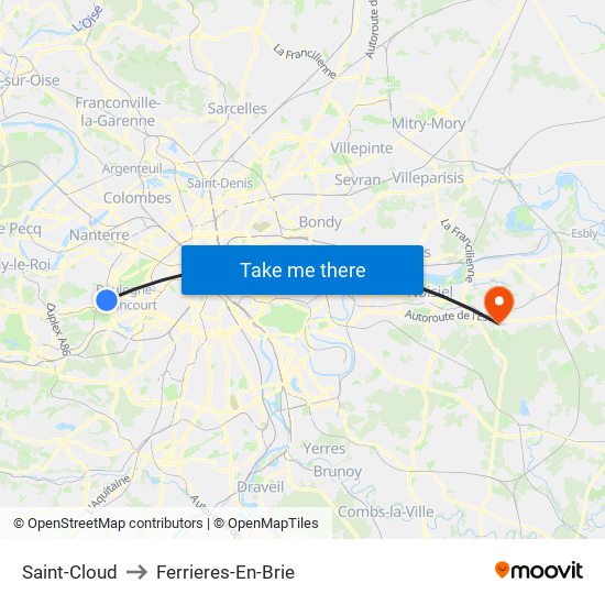 Saint-Cloud to Ferrieres-En-Brie map