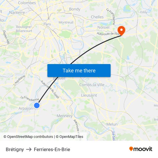 Brétigny to Ferrieres-En-Brie map