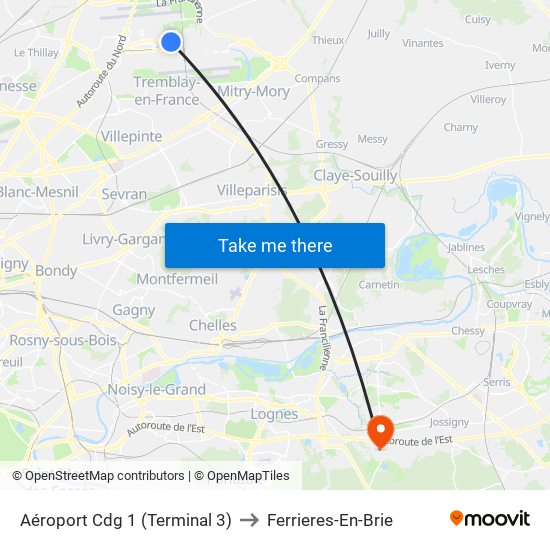 Aéroport Cdg 1 (Terminal 3) to Ferrieres-En-Brie map