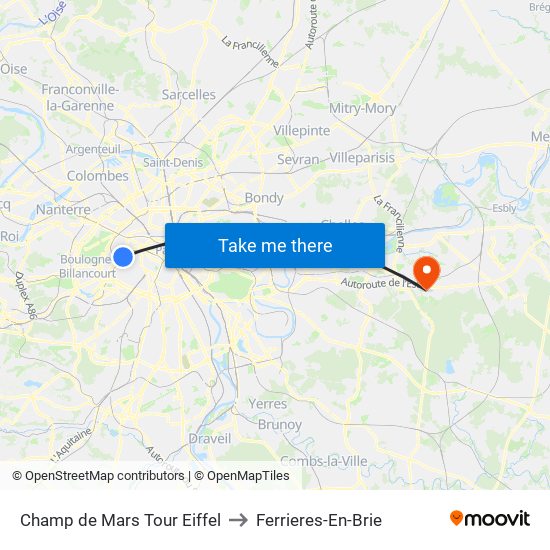 Champ de Mars Tour Eiffel to Ferrieres-En-Brie map