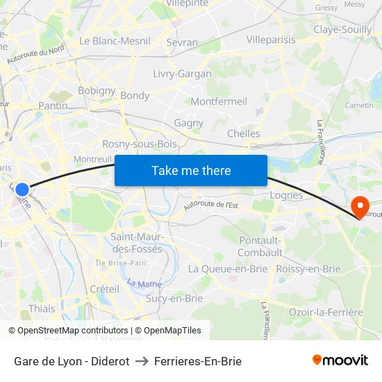 Gare de Lyon - Diderot to Ferrieres-En-Brie map