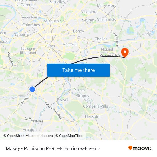 Massy - Palaiseau RER to Ferrieres-En-Brie map