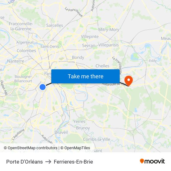 Porte D'Orléans to Ferrieres-En-Brie map