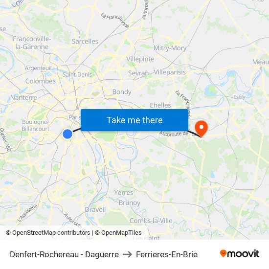 Denfert-Rochereau - Daguerre to Ferrieres-En-Brie map