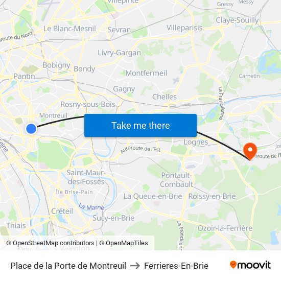Place de la Porte de Montreuil to Ferrieres-En-Brie map