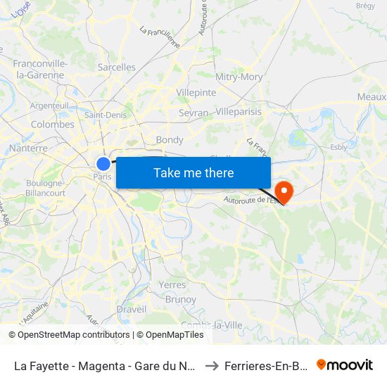 La Fayette - Magenta - Gare du Nord to Ferrieres-En-Brie map