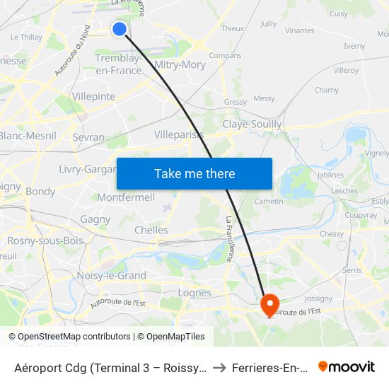 Aéroport Cdg (Terminal 3 – Roissypôle) to Ferrieres-En-Brie map