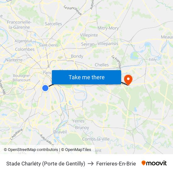 Stade Charléty (Porte de Gentilly) to Ferrieres-En-Brie map