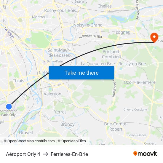 Aéroport Orly 4 to Ferrieres-En-Brie map