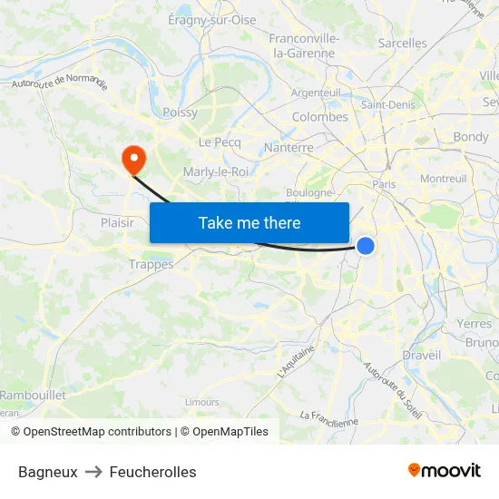 Bagneux to Feucherolles map