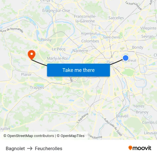 Bagnolet to Feucherolles map