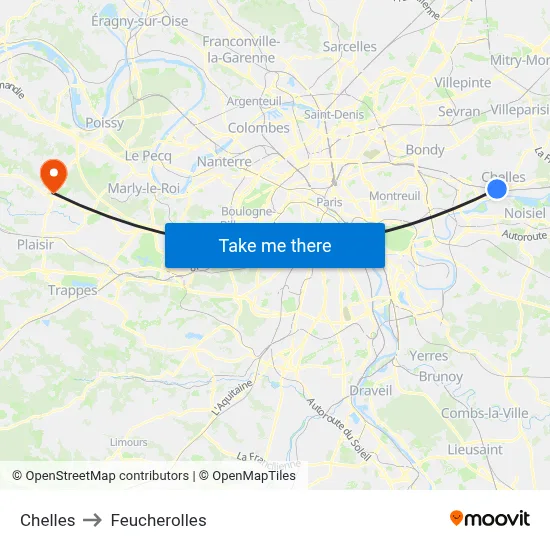Chelles to Feucherolles map