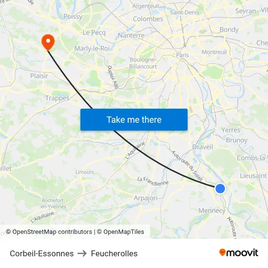 Corbeil-Essonnes to Feucherolles map