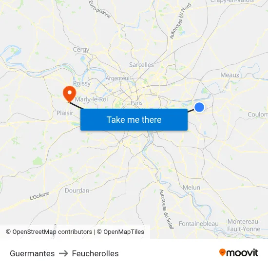 Guermantes to Feucherolles map