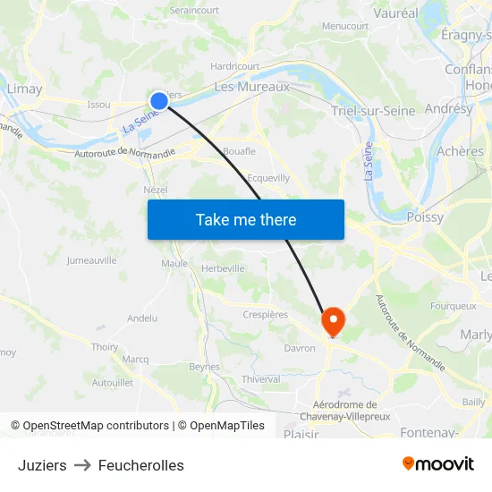 Juziers to Feucherolles map