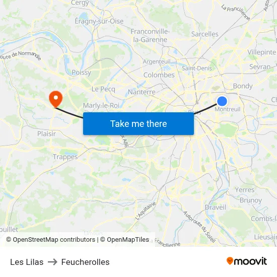 Les Lilas to Feucherolles map