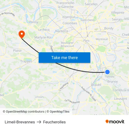 Limeil-Brevannes to Feucherolles map