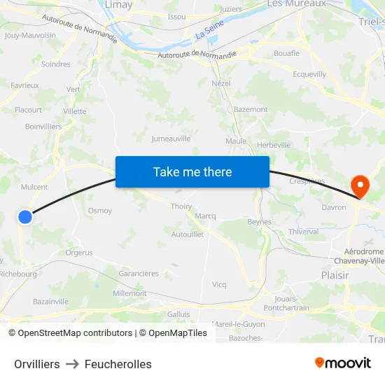Orvilliers to Feucherolles map