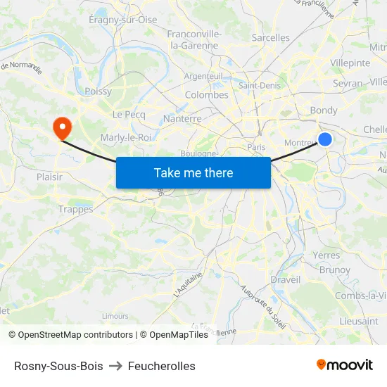 Rosny-Sous-Bois to Feucherolles map