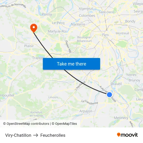Viry-Chatillon to Feucherolles map