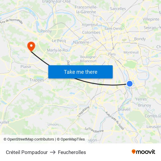Créteil Pompadour to Feucherolles map
