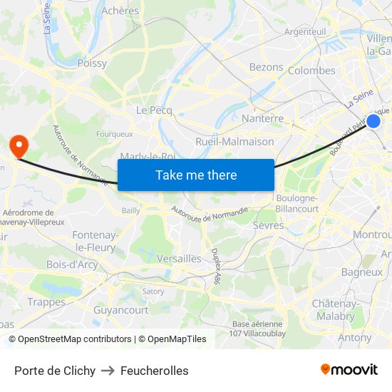 Porte de Clichy to Feucherolles map