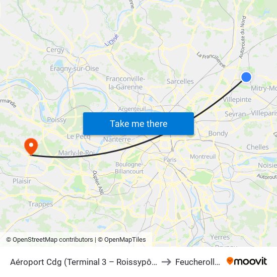 Aéroport Cdg (Terminal 3 – Roissypôle) to Feucherolles map