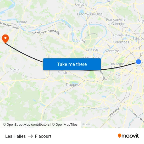 Les Halles to Flacourt map