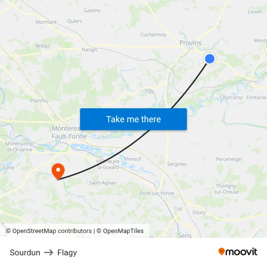 Sourdun to Flagy map