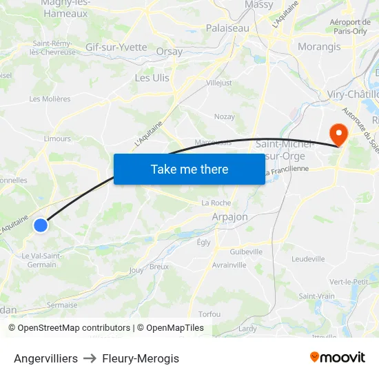 Angervilliers to Fleury-Merogis map