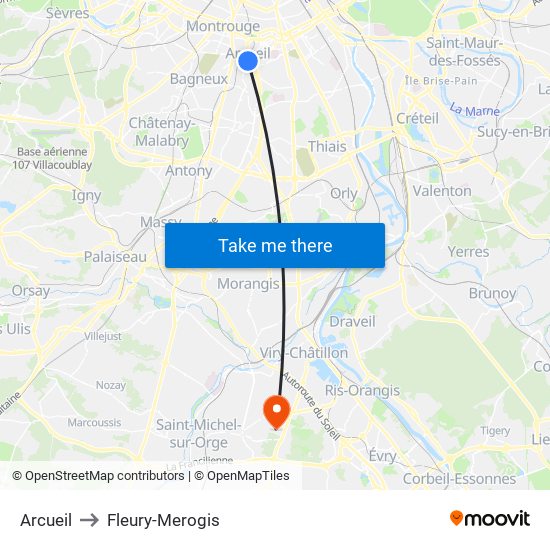 Arcueil to Fleury-Merogis map