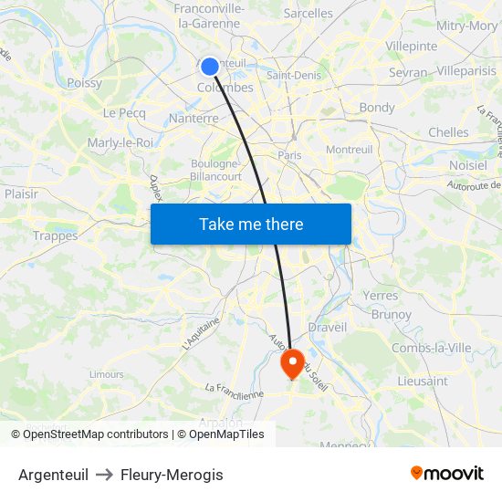 Argenteuil to Fleury-Merogis map