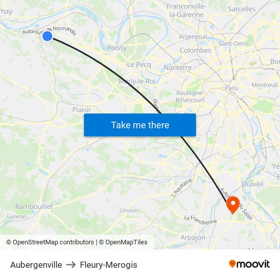 Aubergenville to Fleury-Merogis map