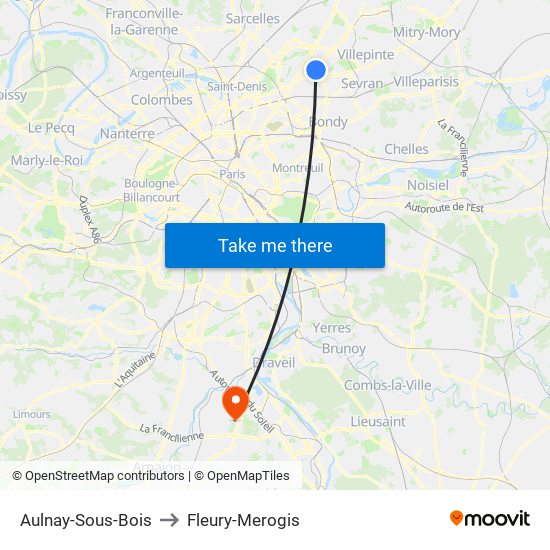 Aulnay-Sous-Bois to Fleury-Merogis map