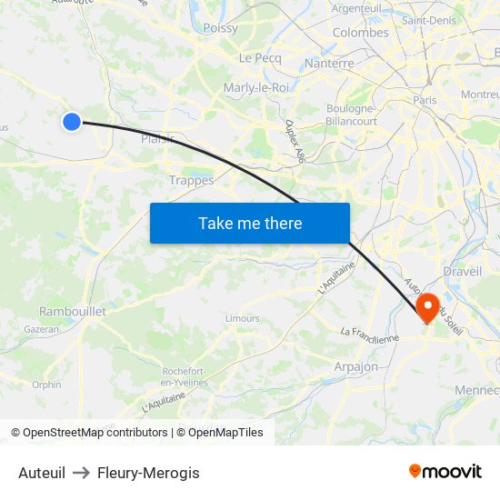 Auteuil to Fleury-Merogis map