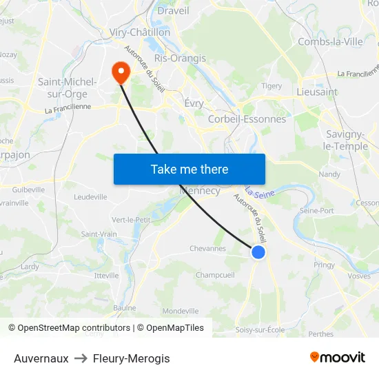 Auvernaux to Fleury-Merogis map