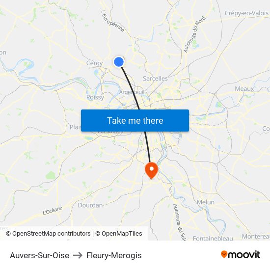 Auvers-Sur-Oise to Fleury-Merogis map