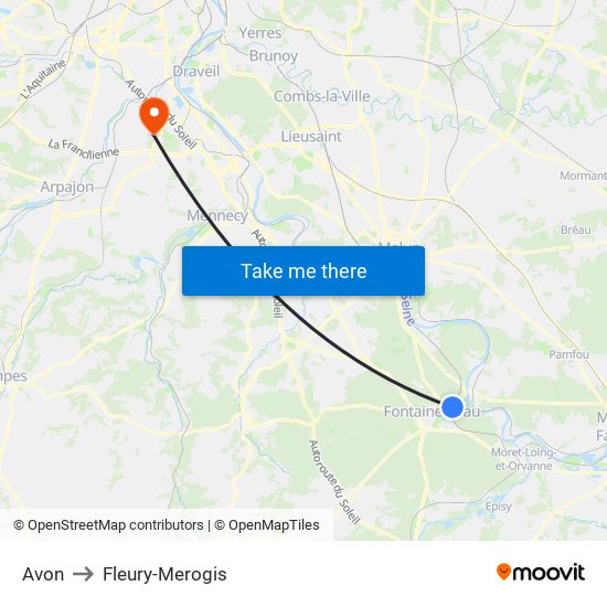 Avon to Fleury-Merogis map