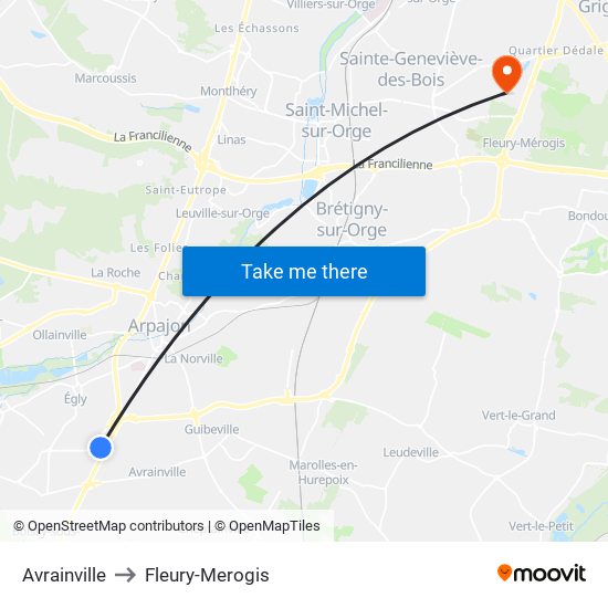 Avrainville to Fleury-Merogis map