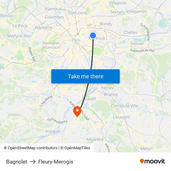 Bagnolet to Fleury-Merogis map