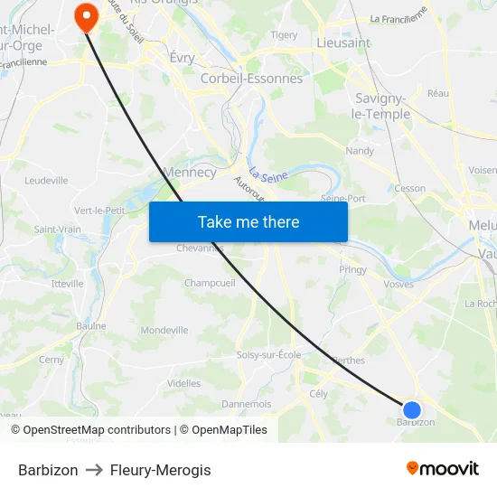 Barbizon to Fleury-Merogis map