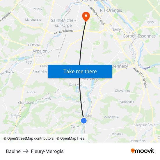 Baulne to Fleury-Merogis map