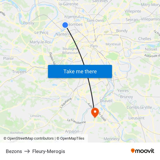 Bezons to Fleury-Merogis map