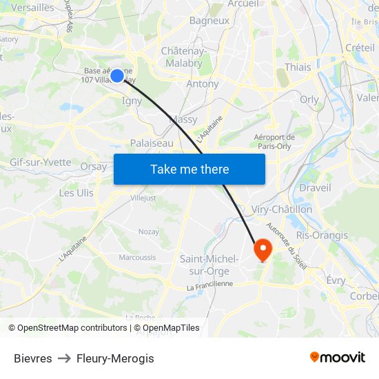 Bievres to Fleury-Merogis map