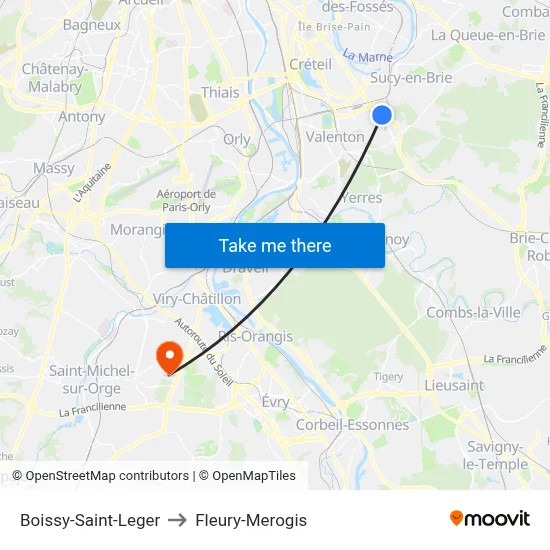 Boissy-Saint-Leger to Fleury-Merogis map