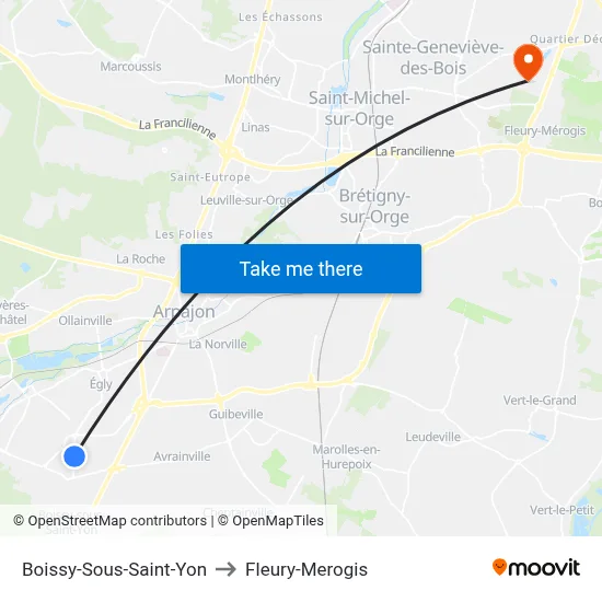 Boissy-Sous-Saint-Yon to Fleury-Merogis map