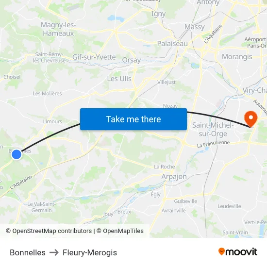 Bonnelles to Fleury-Merogis map