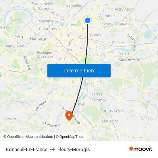 Bonneuil-En-France to Fleury-Merogis map