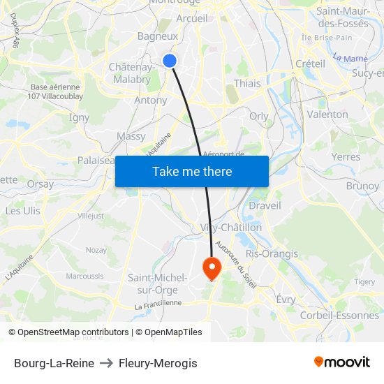 Bourg-La-Reine to Fleury-Merogis map